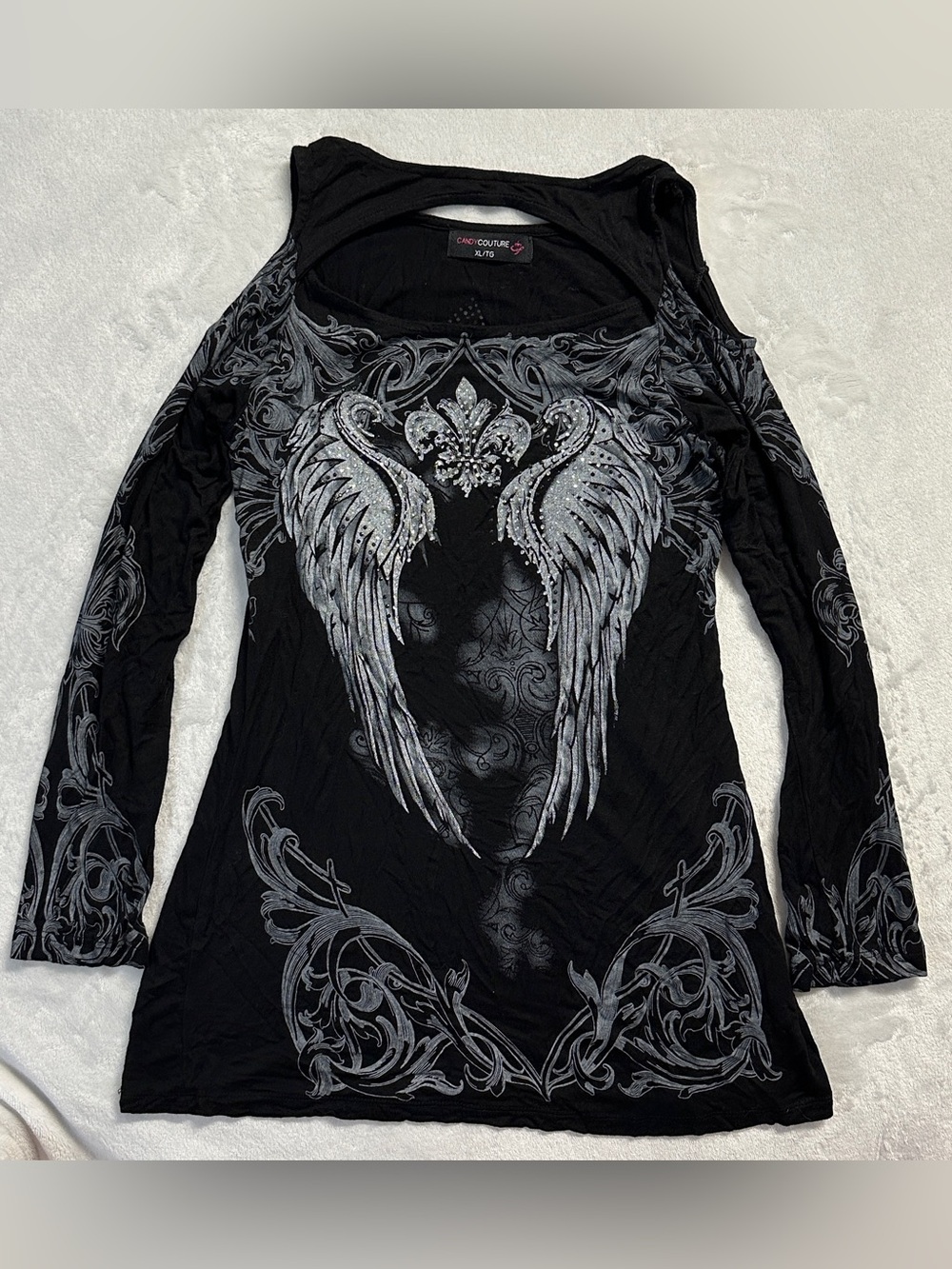 Y2K CANDY COUTURE women's black silver punk fleur de lis off shoulder top, S-M